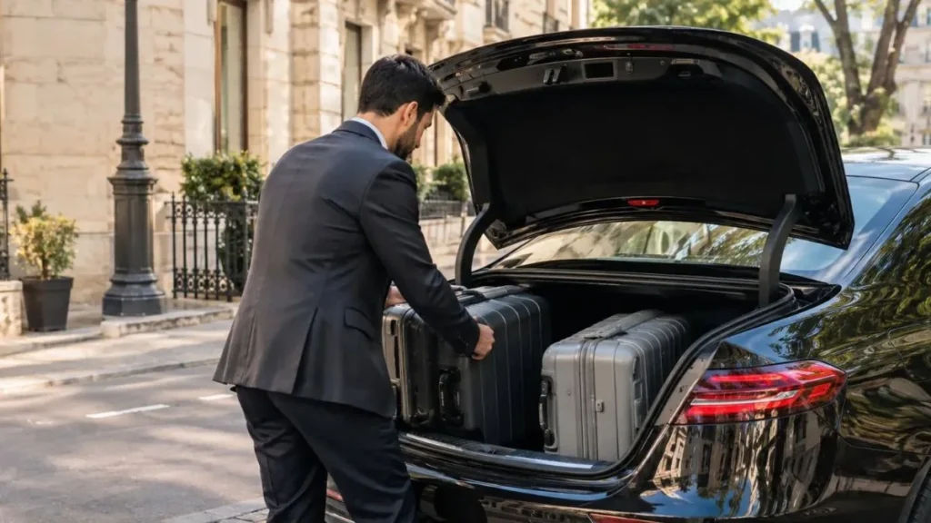 Driver loading two suitcases into the trunk of a black sedan during a Milan transfer