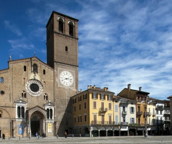 Historic Lodi Duomo and piazza with bell tower